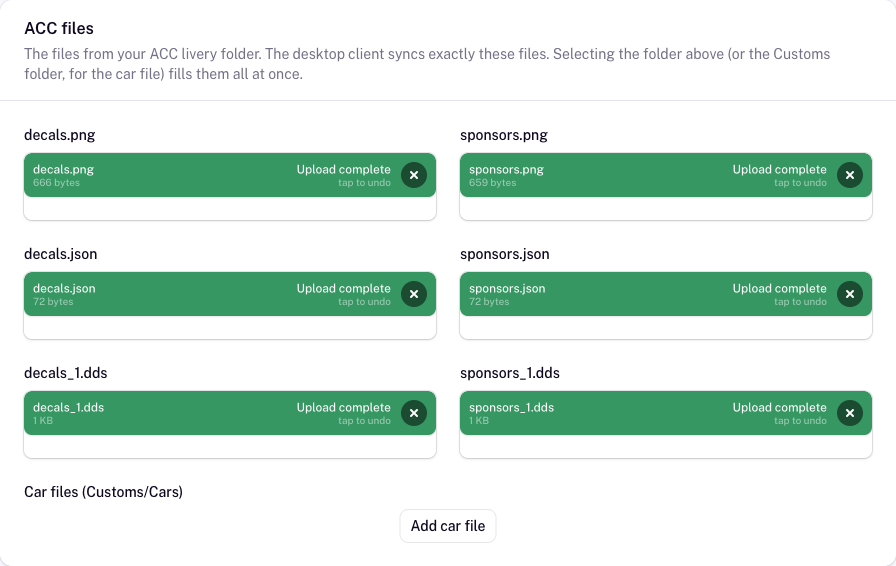 The section ACC files of the livery form with the six file fields